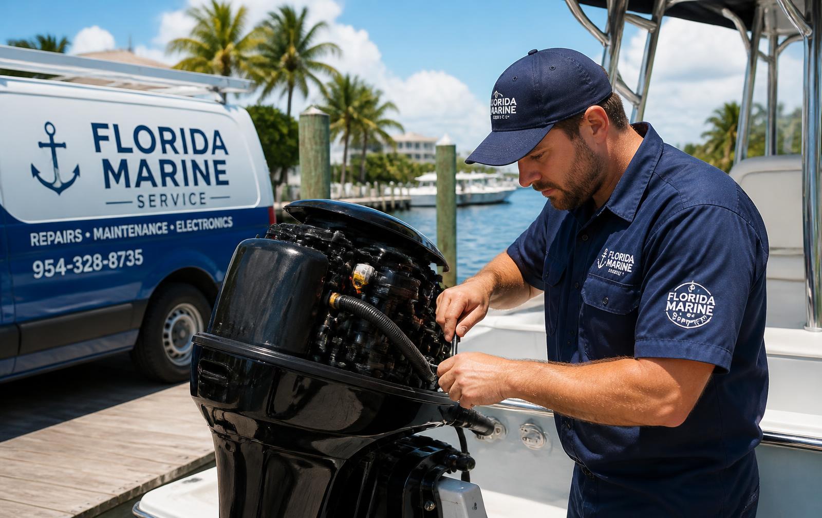 Marine technician servicing an outboard engine at a Florida dock
