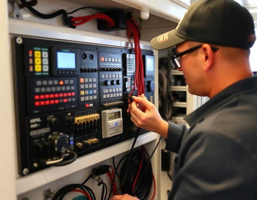 Technician repairing a boat electrical panel