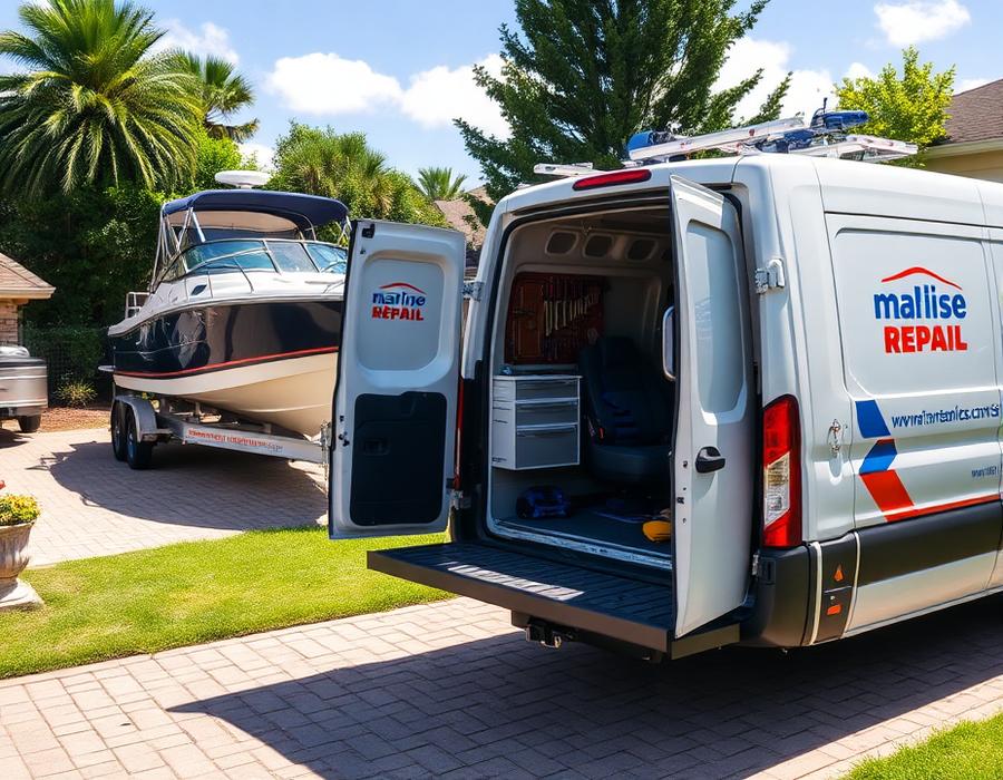 Mobile marine repair van parked beside a boat on a trailer
